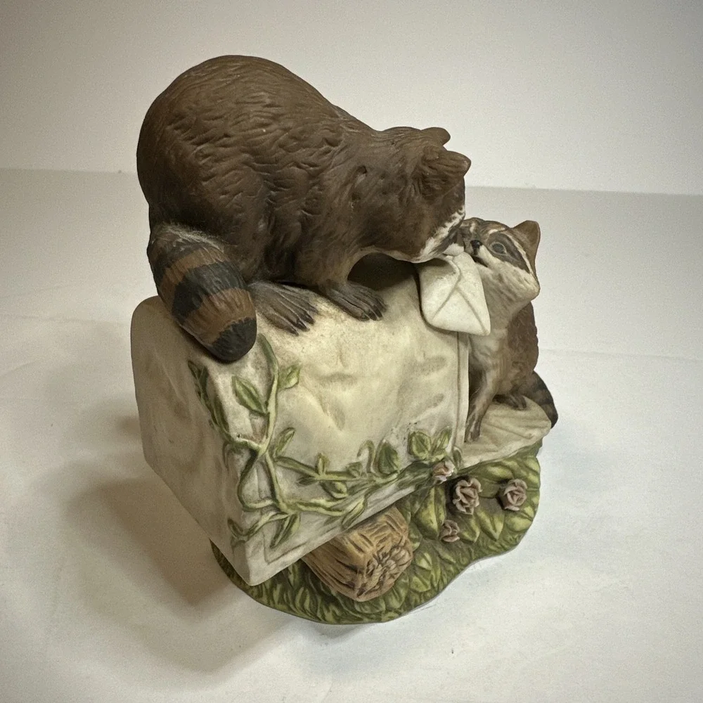 Vintage 1987 Homco Masterpiece Porcelain Raccoons Playing Figurine